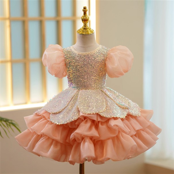 Girls Pure Color Sequins Puff Sleeve Princess Dress