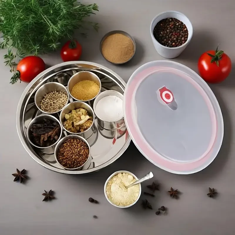 Thickened Stainless Steel Round 7-Spice Container with Lid and Spoo