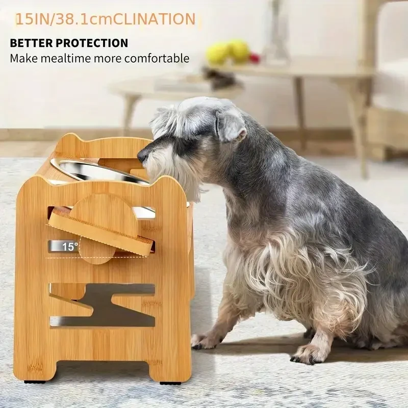 Adjustable Elevated Bamboo Dog Bowl Stand