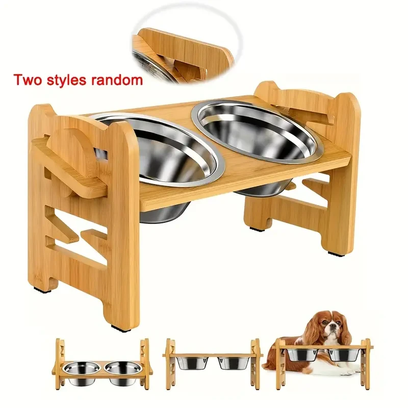 Adjustable Elevated Bamboo Dog Bowl Stand
