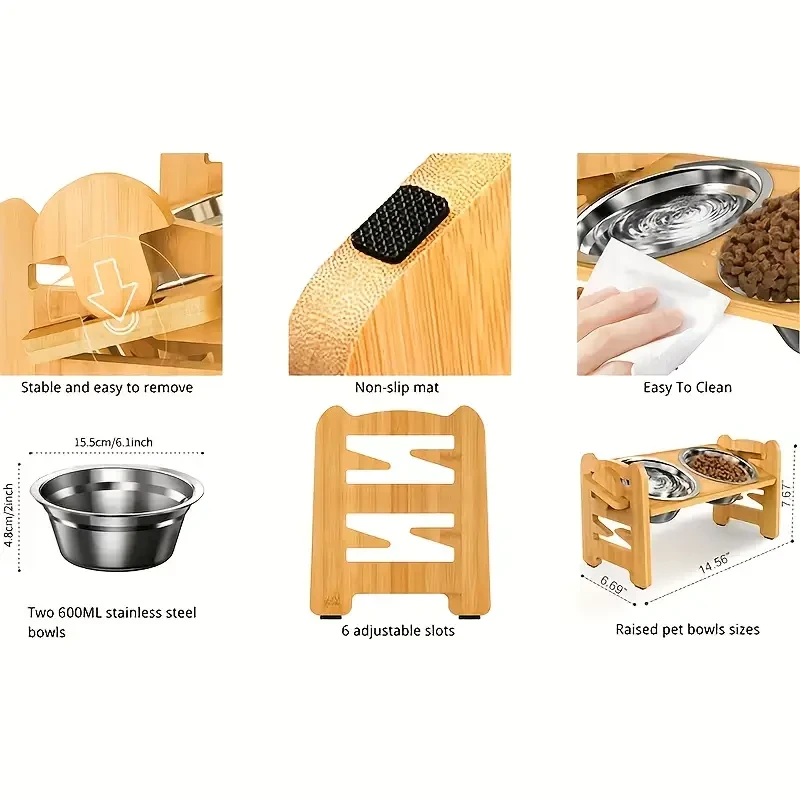 Adjustable Elevated Bamboo Dog Bowl Stand