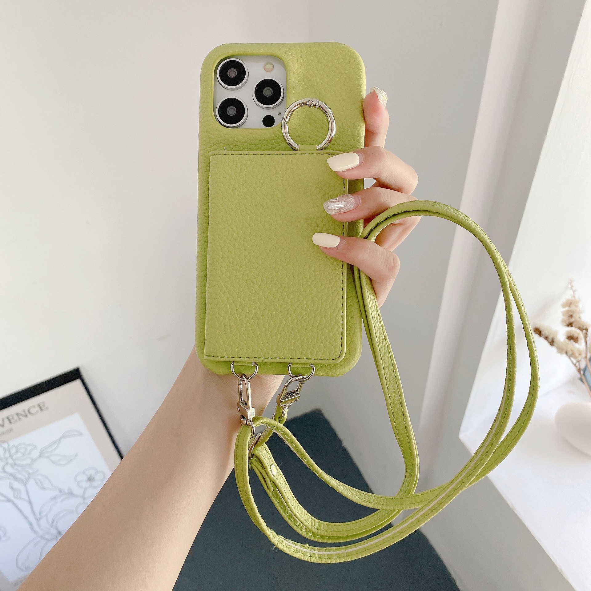 Lychee Pattern Left And Right Open Beauty Mirror Lanyard Phone Case