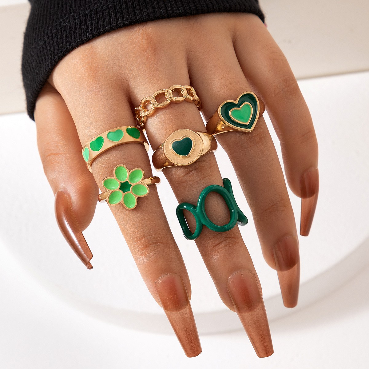 European And American Love Oil Dripping Ring Six-piece Set Geometric Flower Ring Set Suit