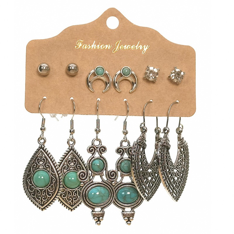 Slimming Cross-border Earrings Suit Combination Bohemian Ethnic Exquisite Water Drop Leaves Lovely Electroplated Beaded Earrings