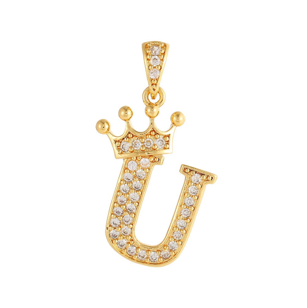 Gold Plated Copper Inlaid Zircon Crown 26 English Letters Full Diamond Pendant Parts