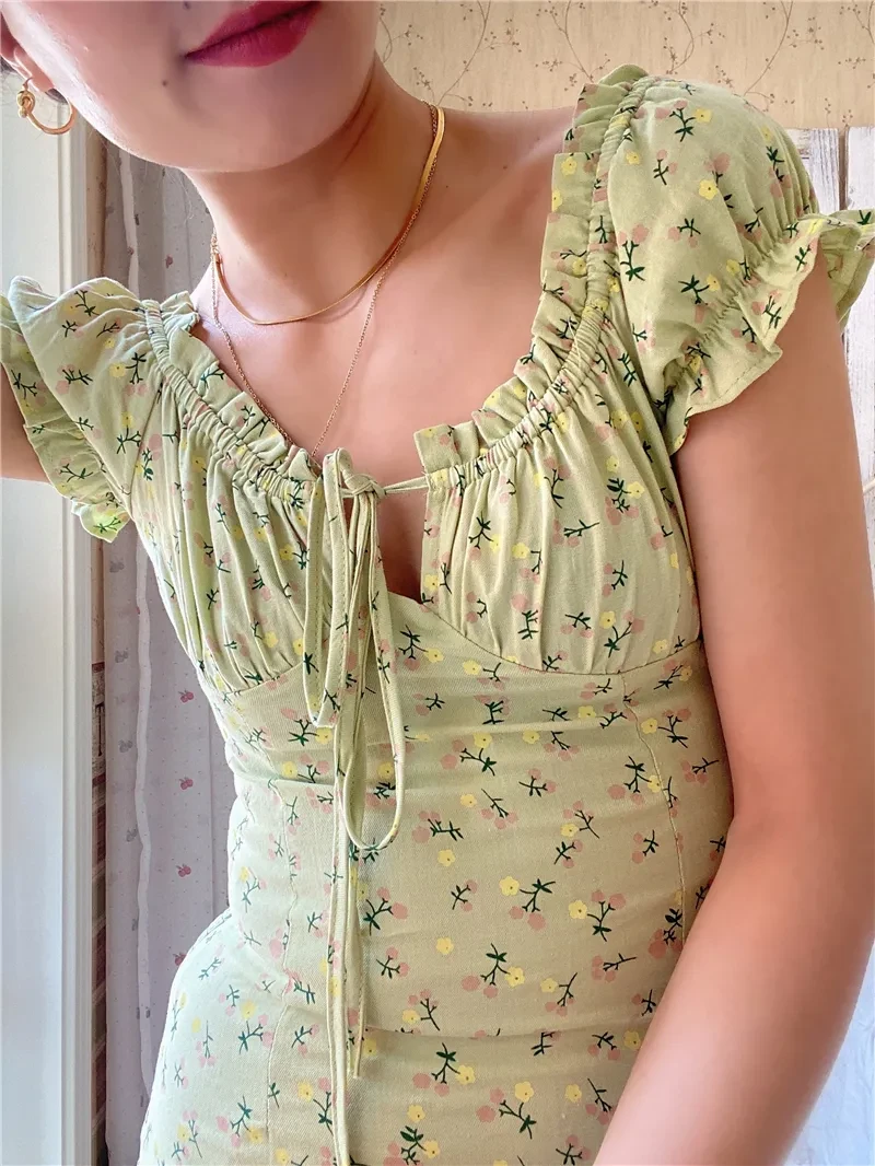 Holiday Style Dress French Sweet Fruit Green Flowers