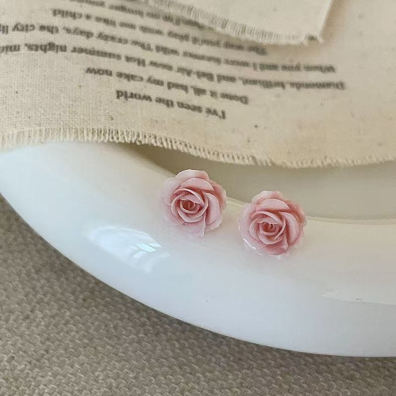 Pink Rose Stud Earrings For Women Sweet And Small Unique Personality