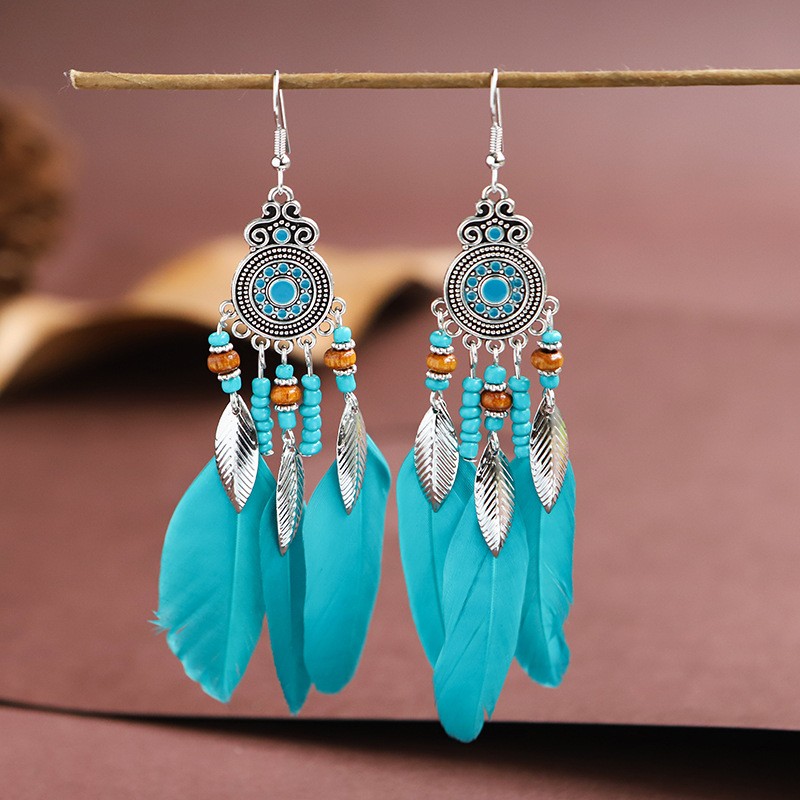 Feather Earrings Round Drop Oil Craft Earrings Retro