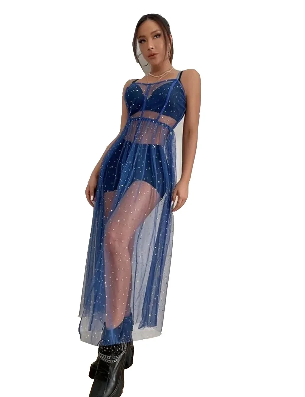 Sling Mesh Bikini Cover Up Dress Stars See Through Mesh Slim
