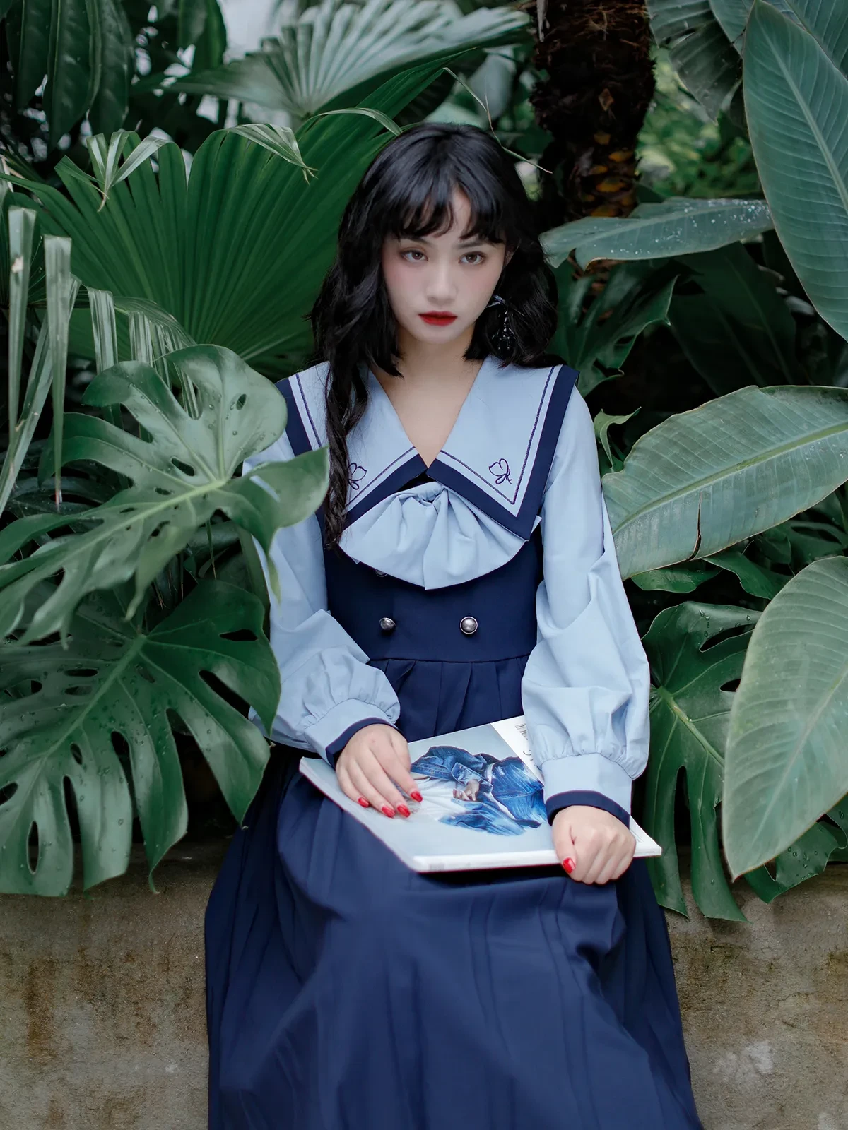 Japanese Navy Neck Embroidered Dark Blue Preppy Dress