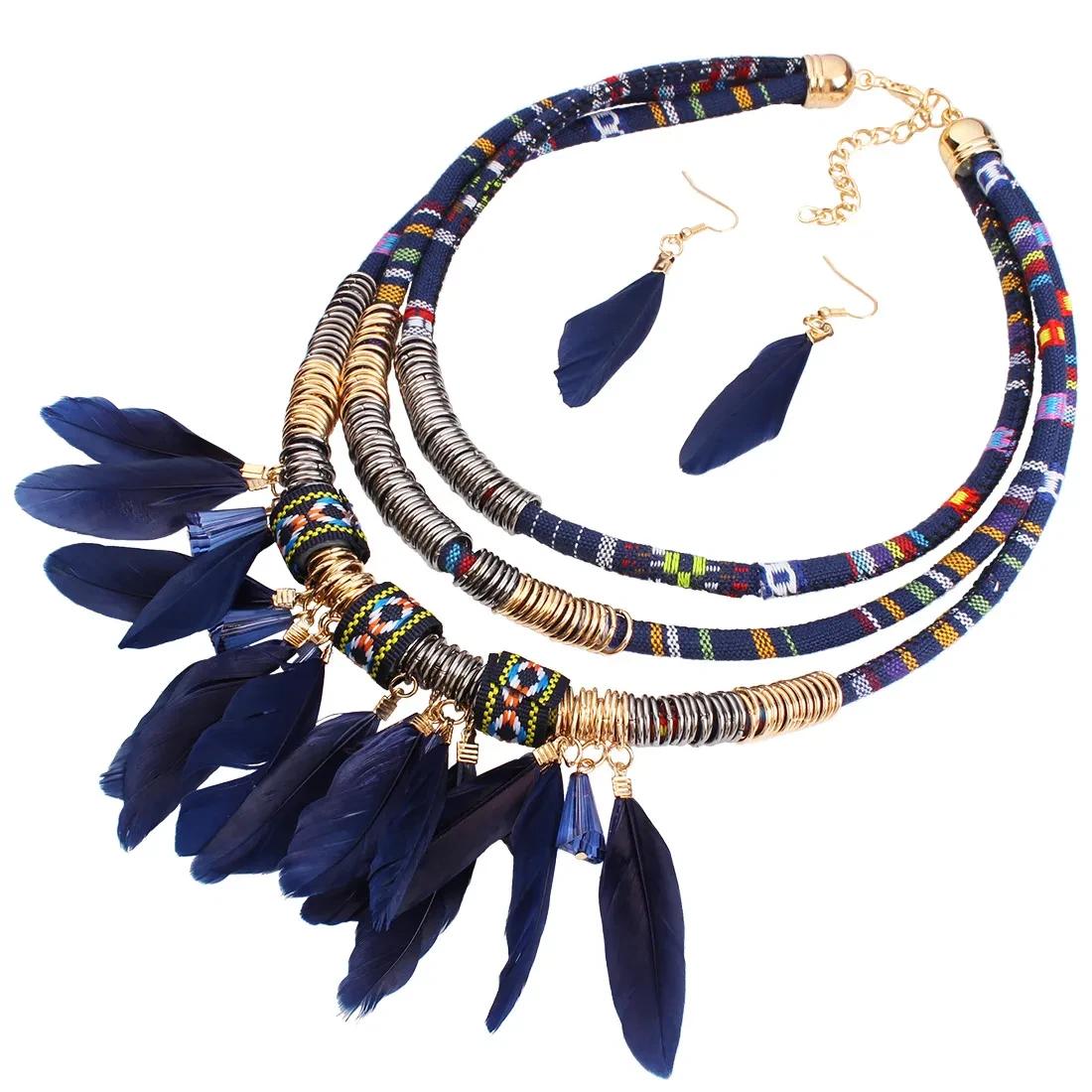 Feather tassel necklace earrings set