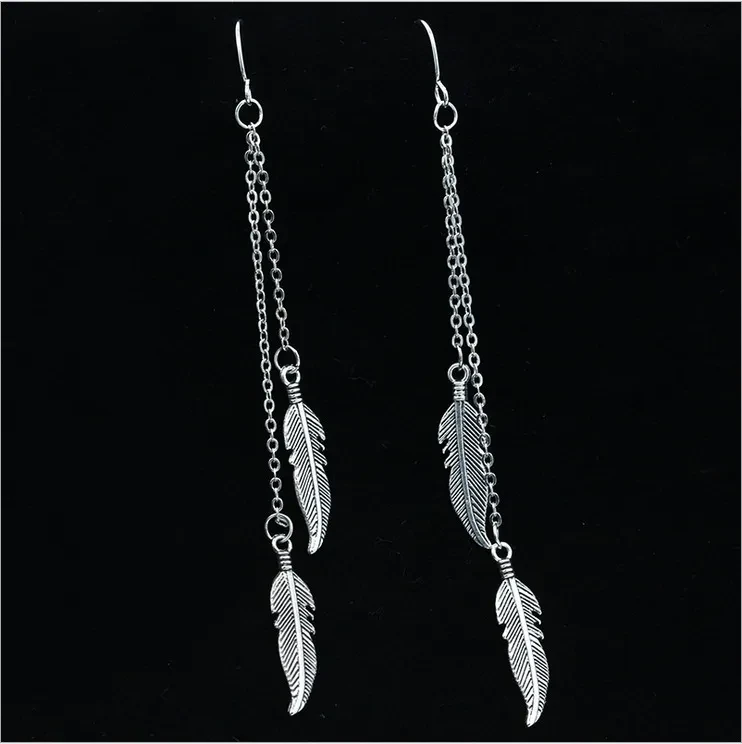 Tassel chain feather stud earrings