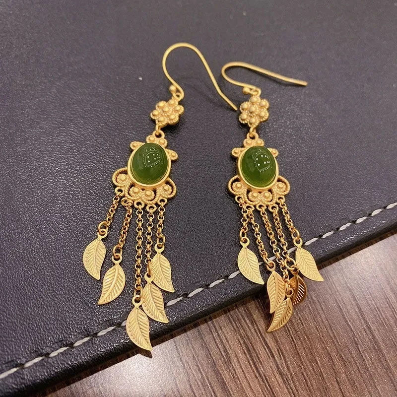 Temperamental Tassels Hetian Jade Feather Earrings