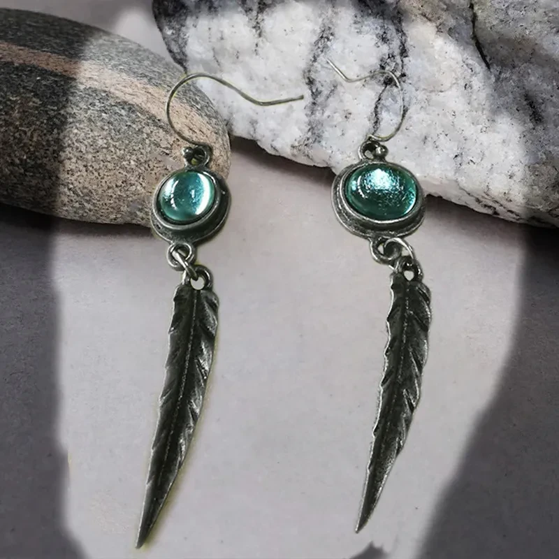 Fashion Simple Opal Feather Pendant Earrings