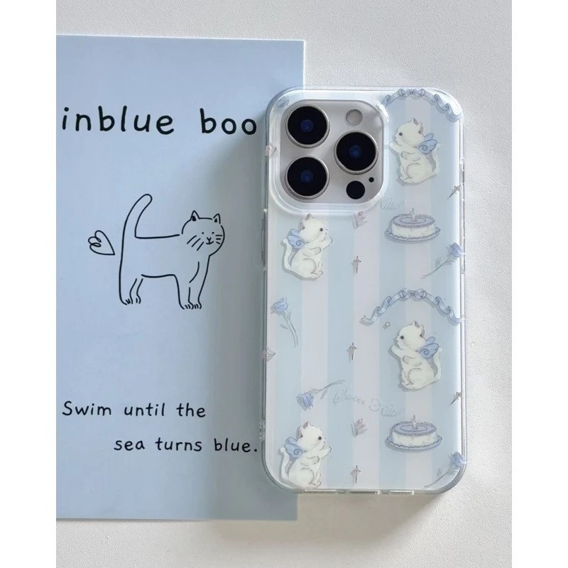 Applicable Mobile Phone Blue And White Striped Cat Lanyard Protective Cover