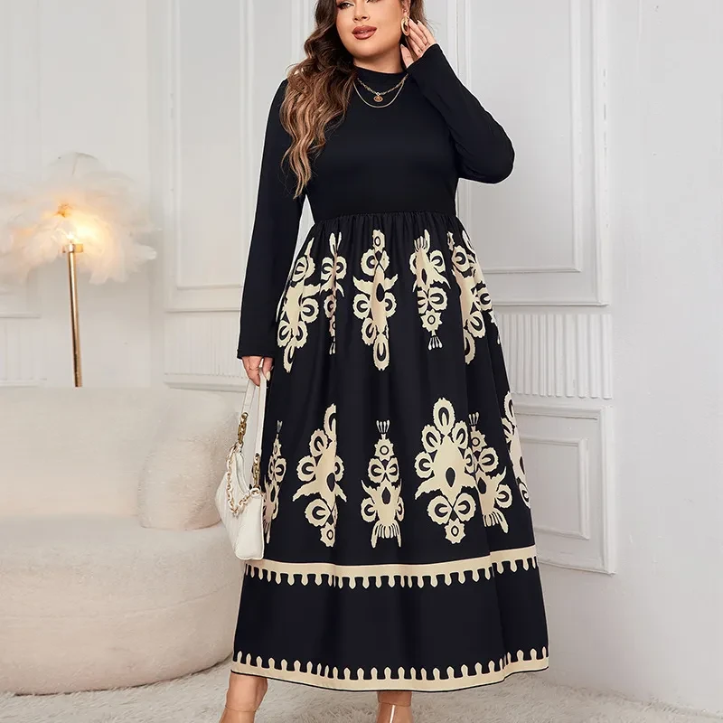 Printed Black Plus Size Loose Long Sleeve Dress
