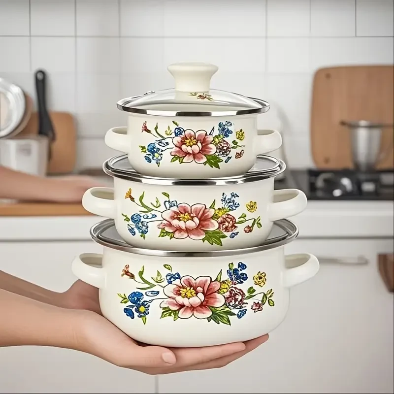 Exquisite Enamel Three Piece Pot Set