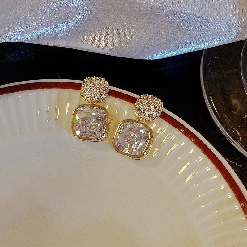 Simple Square Zircon Stud Earrings Ins Light Luxury High-end Women's New All-matching