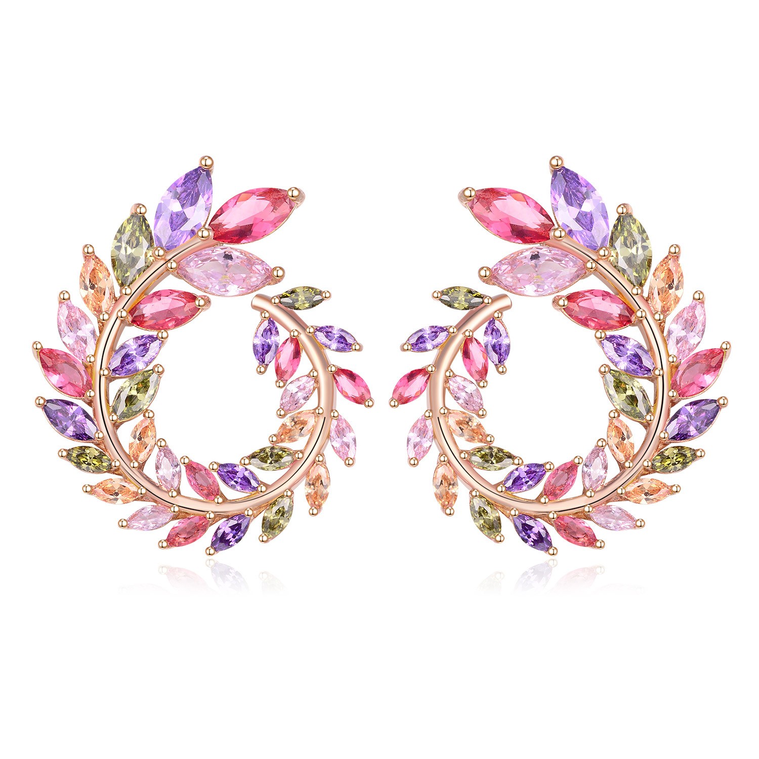 18K Real Gold Handmade Inlaid Colorful Garland Shape Earrings