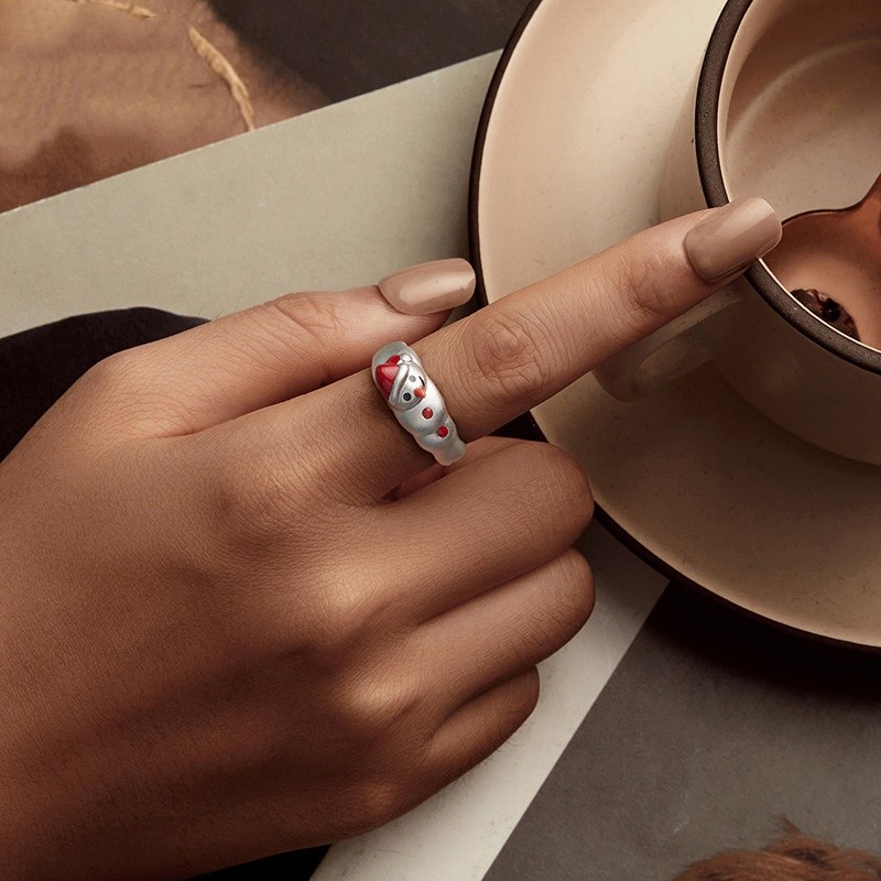 Cute Christmas Snowman Wide Ring S925 Sterling Silver