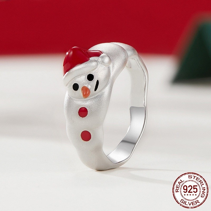 Cute Christmas Snowman Wide Ring S925 Sterling Silver