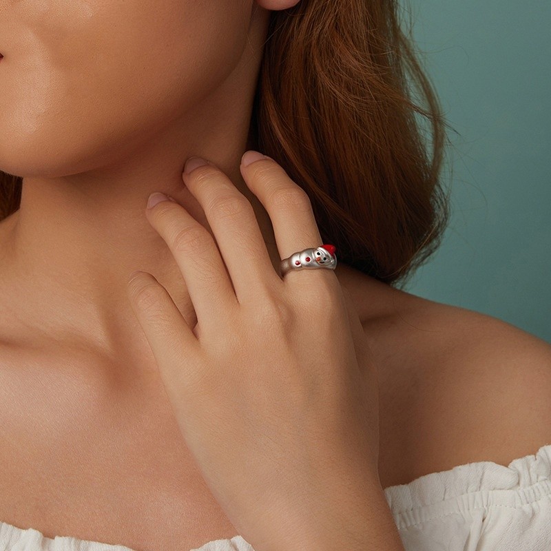 Cute Christmas Snowman Wide Ring S925 Sterling Silver