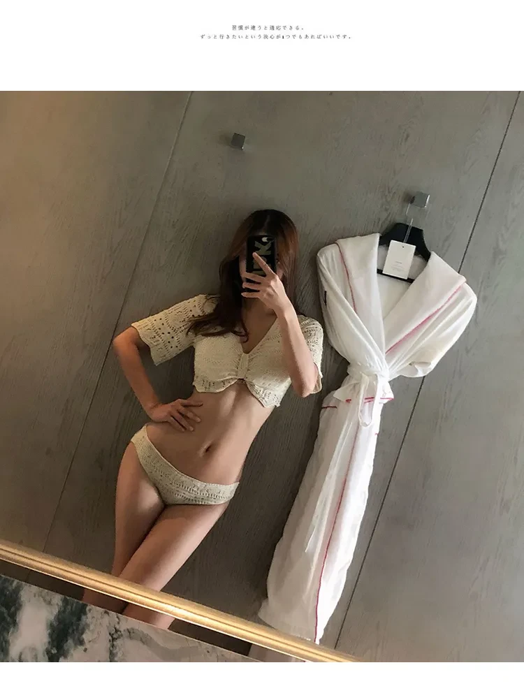 Split half-sleeved bikini knitted beige swimsuit