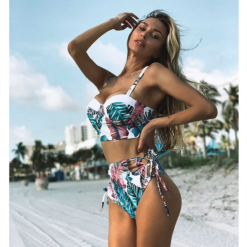 European and American leaf printing swimsuit