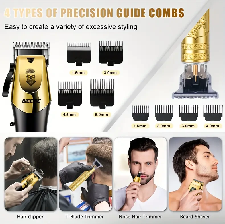 WEEME 4pcs Mens Golden Electric Hairdresser Set  Ultimate Household Grooming Kit for Beards, Hair, and More