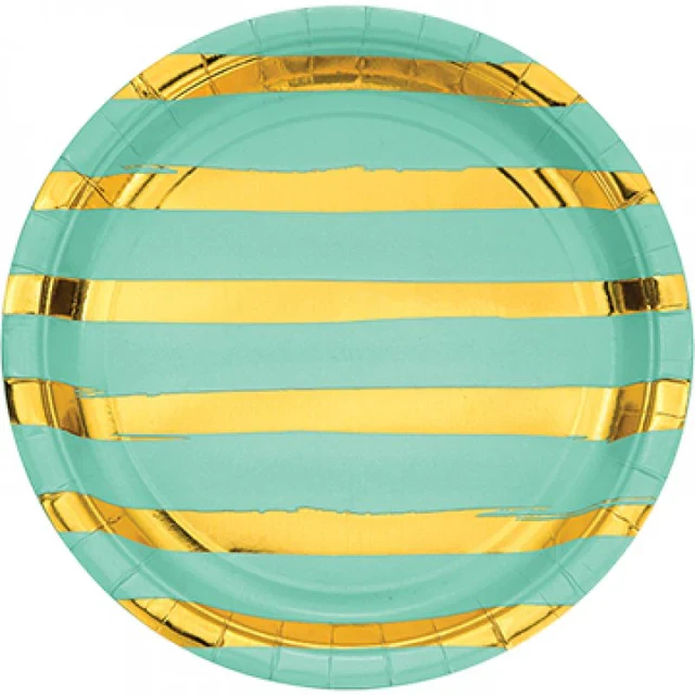 Touch Of Colour Fresh Mint & Gold Foil Striped Dinner Plates Paper (Pack of 8)