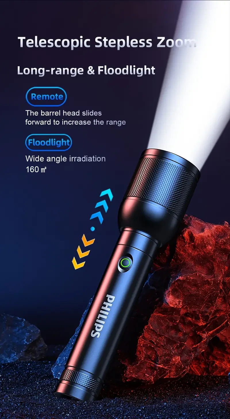 PHILIPS Enhanced Super Bright Flashlight  Zoomable Long-Range Rechargeable LED Torch