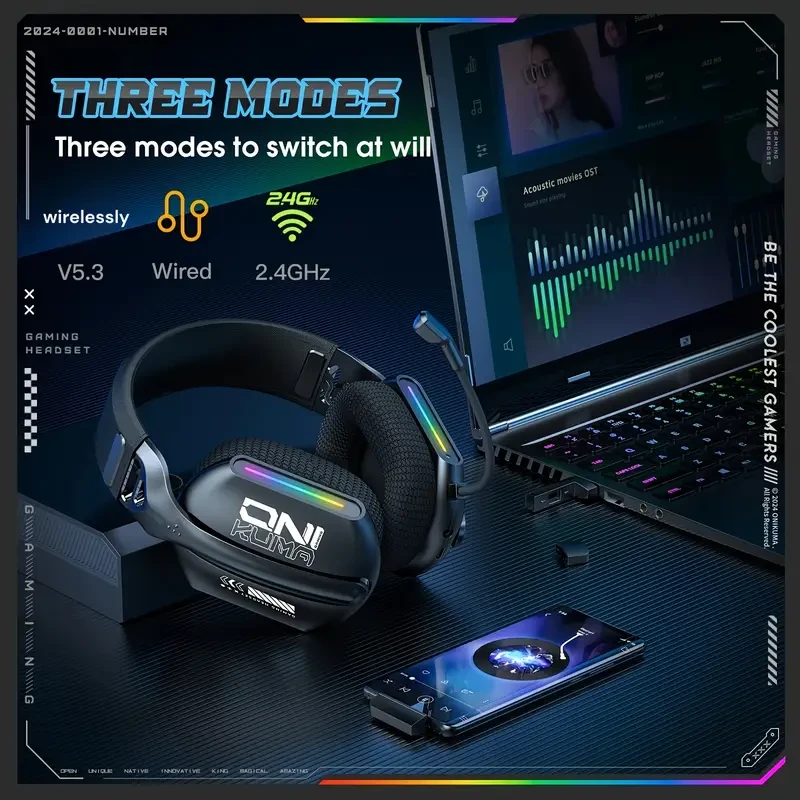 ONIKUMA 2.4G Tri-Mode Wireless Gaming Headset Stereo Audio with Microphone for PS5, PS4, and PC
