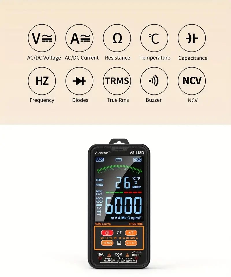 AICEVOOS Smart Digital Multimeter  Auto-Ranging Electrical Tester for Voltage, Current & Resistance