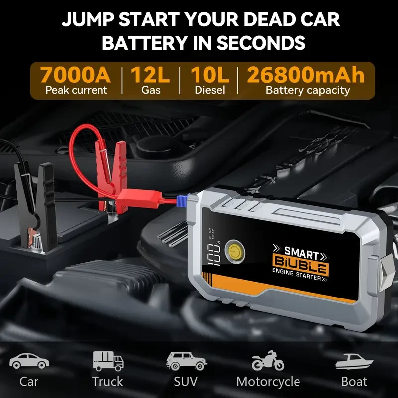 BIUBLE Portable Car Jump Starter 7000A Peak Power Bank with QC3.0 USB & LED Emergency Light