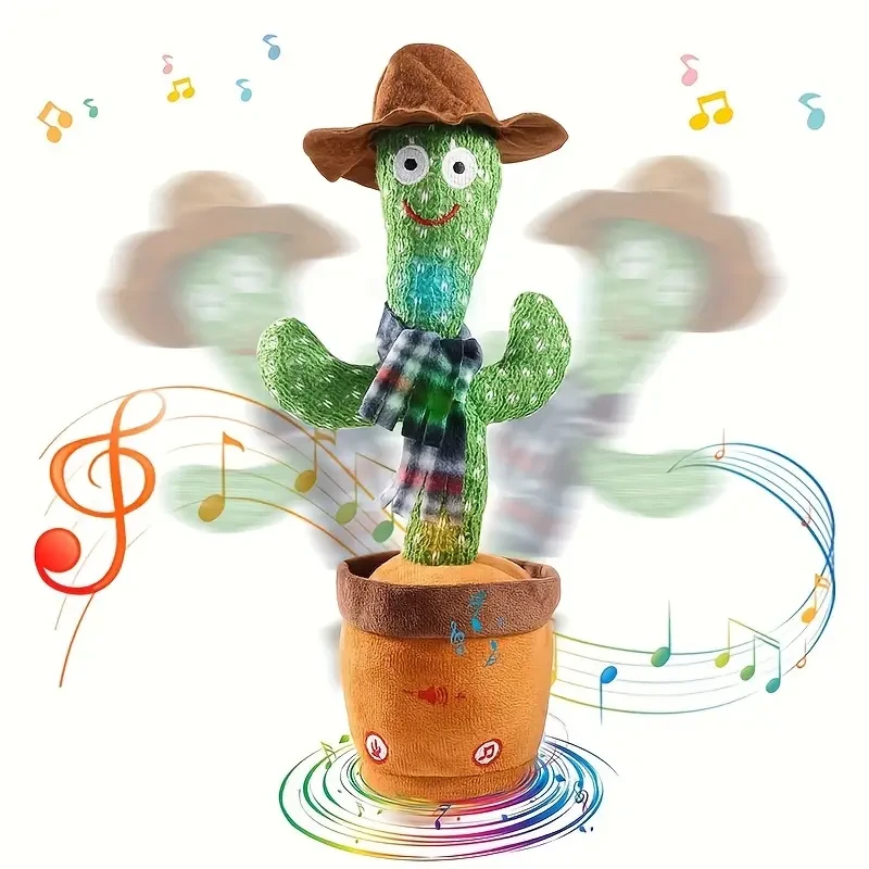 Dancing Cactus Singing Plush Toy with Blue Scarf & Brown Hat