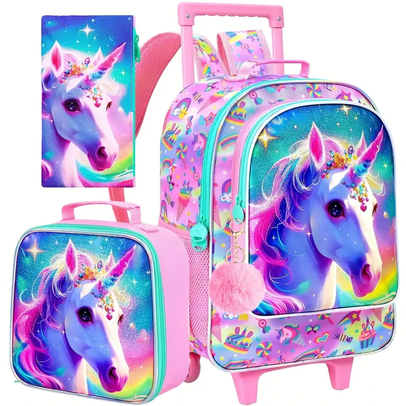 UFNDC Kids Rolling Backpack with Wheels (3-Piece Unicorn Set)