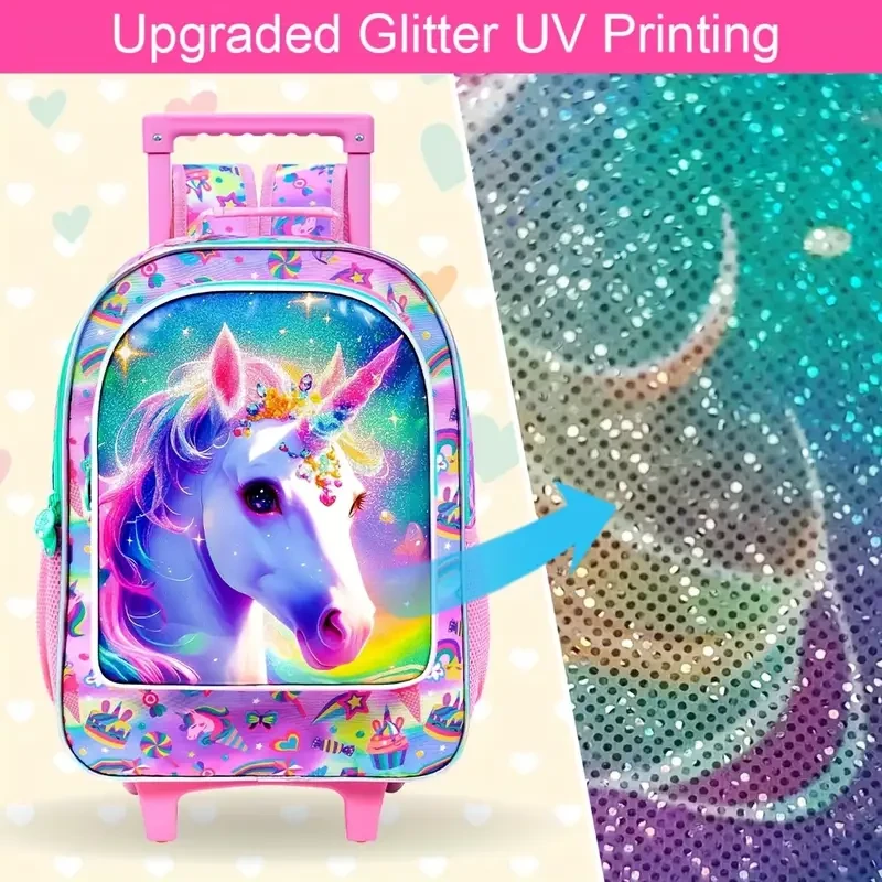 UFNDC Kids Rolling Backpack with Wheels (3-Piece Unicorn Set)