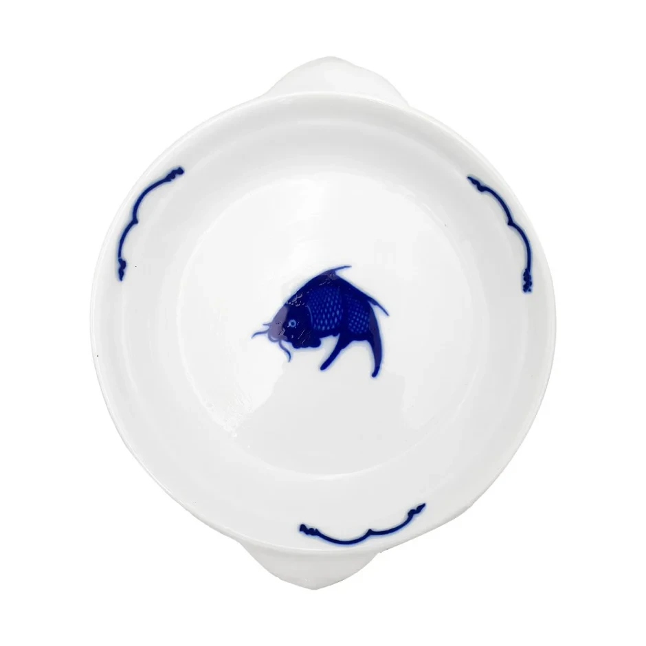 Crockery Dish with Handle Blue Carp 8"