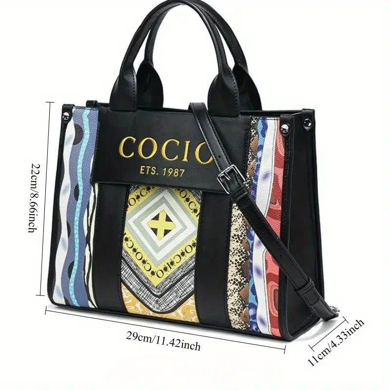 Stylish Bohemian Tote Bag with Detachable Shoulder Strap & Zipper Closure Black Geometric Print Second-Layer Handbag (Golden-Tone Hardware, Polyester Lining)