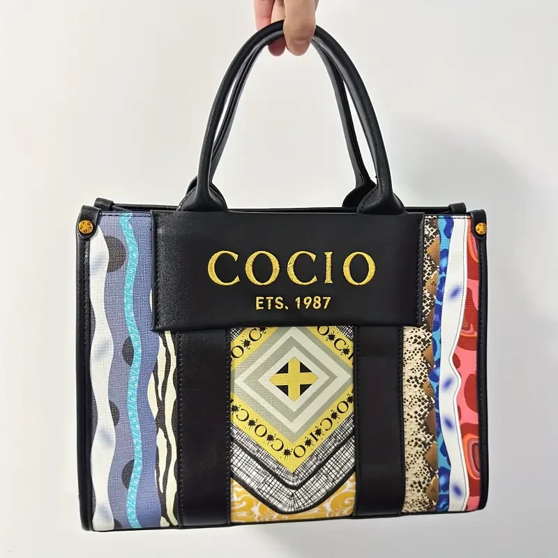 Stylish Bohemian Tote Bag with Detachable Shoulder Strap & Zipper Closure Black Geometric Print Second-Layer Handbag (Golden-Tone Hardware, Polyester Lining)