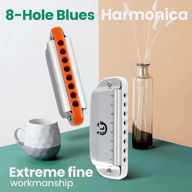 8-Hole Blues Harmonica Conjurer Metal Blues Harp with Orange Accents (White)