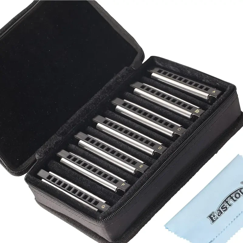 EAST TOP 7-Piece Diatonic Blues Harmonica Set 10-Hole, Colour-Coded, Polished Metal, With Carry Bag (Adults/Pros/Gifting)
