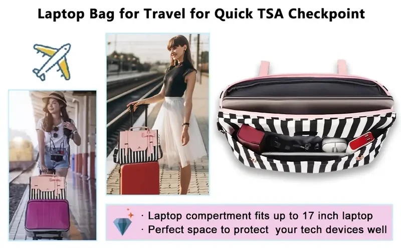 17" Womens Laptop Briefcase  Lightweight Crossbody/Shoulder Tote with RFID Pocket (Pink with Black/White Stripe, Gold-Tone Hardware)