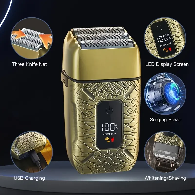 HATTEKER Mens Electric Shaver 3-Blade Floating Foil, LED Display, USB-Rechargeable (1400 mAh)