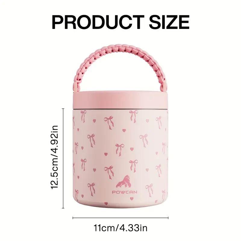POWCAN 25oz Thermal Insulated Food Jar  Pink Bow, Leakproof Vacuum Flask (304 Stainless Steel)