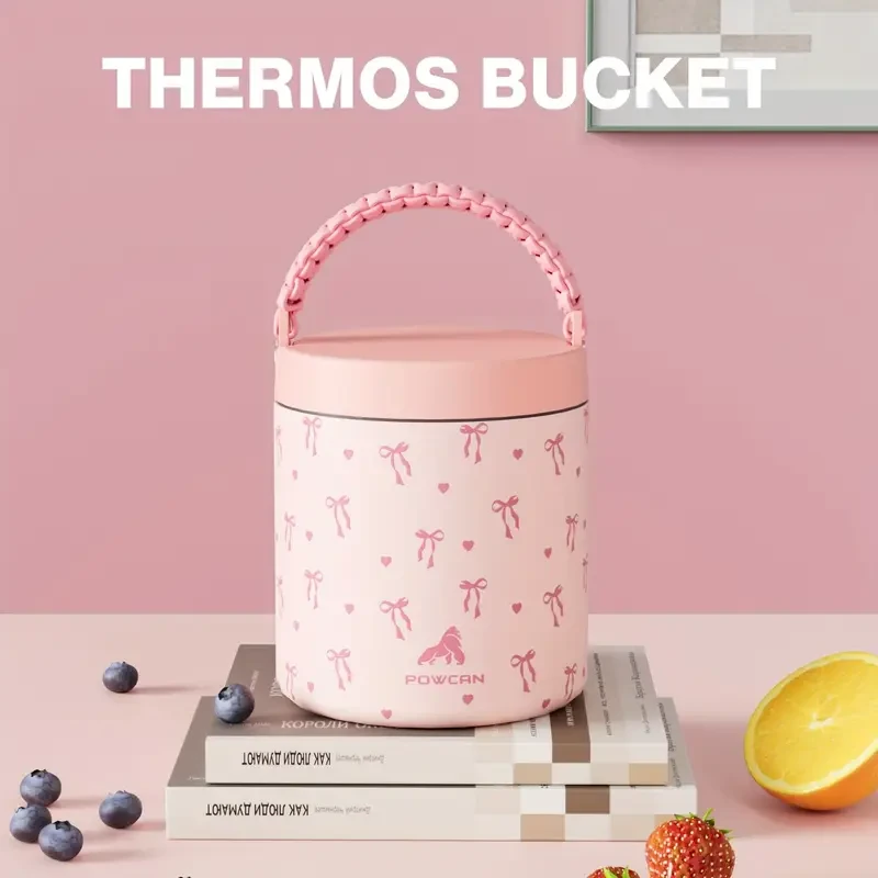 POWCAN 25oz Thermal Insulated Food Jar  Pink Bow, Leakproof Vacuum Flask (304 Stainless Steel)