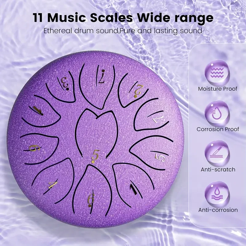 6-Inch (15.2 cm) 11-Note Steel Tongue Chakra Drum  With Bag, Mallets & Music Book