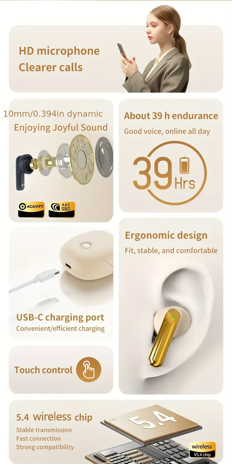 aigo 5.4 Wireless Headphones  TWS In-Ear, Sport-Ready, Clear Calls, LED Power Display