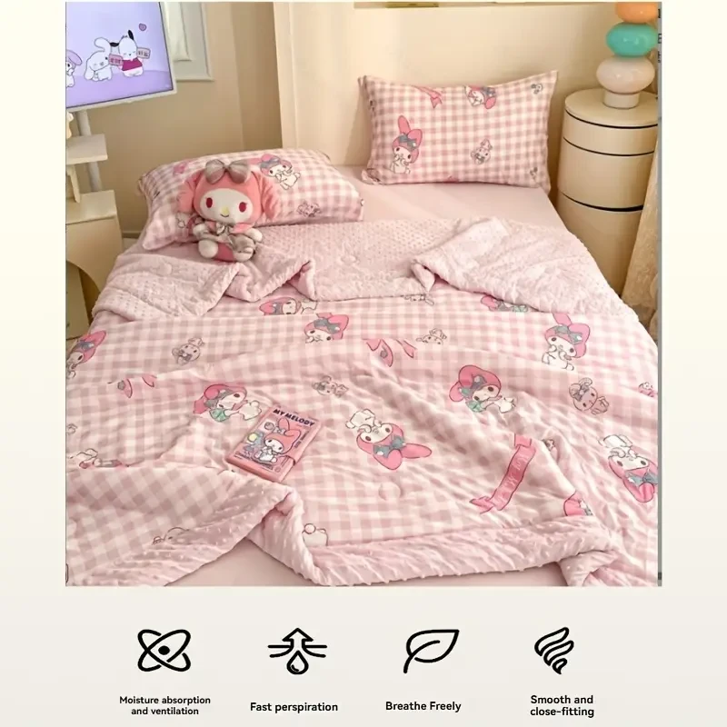 Sanrio Kuromi & Hello Kitty Mini Cooling Bedspread Official Licensed Anime Blanket in Mint Green