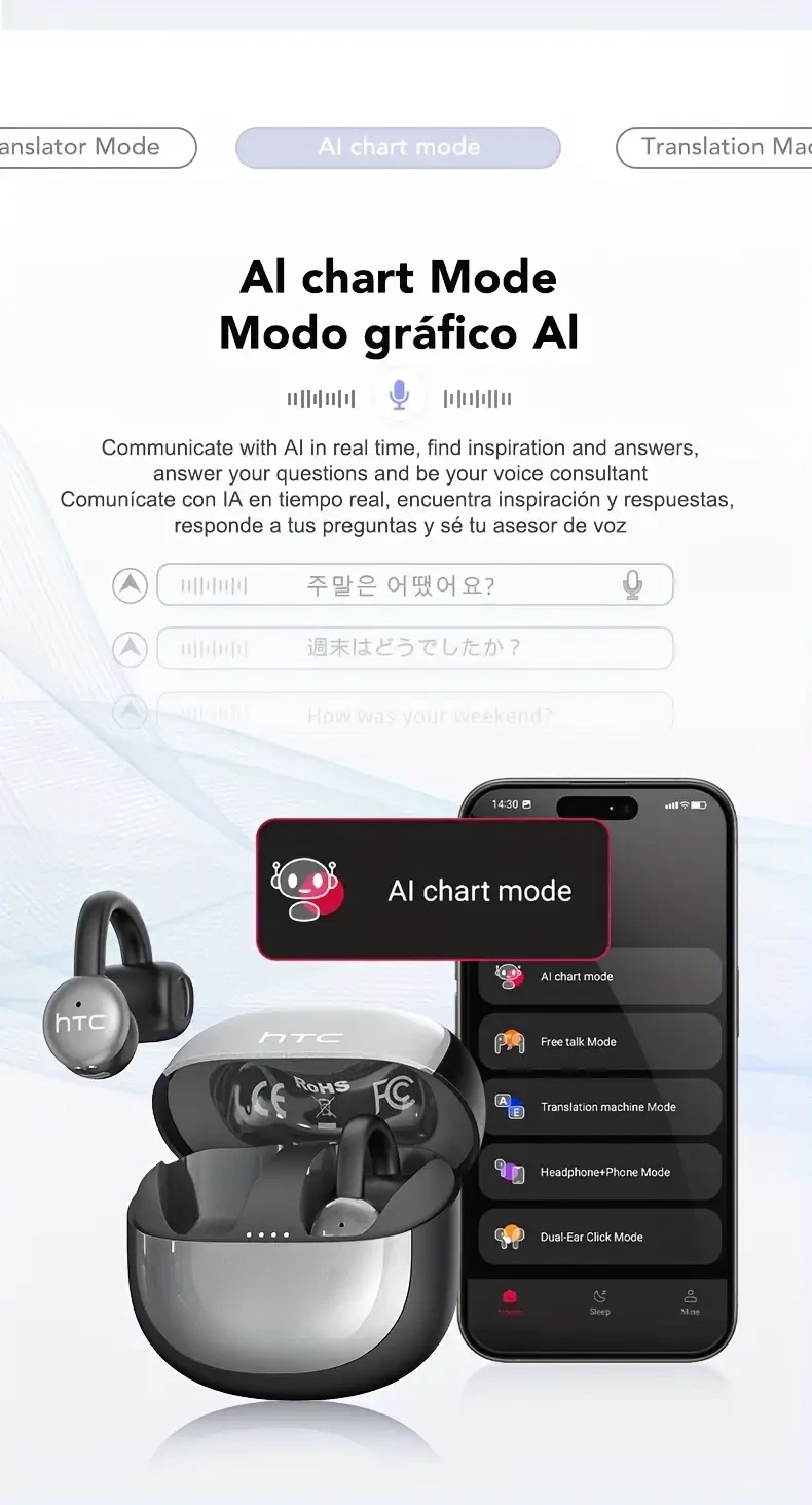 HTC NE15 Open Translation Ear Clip  Real-Time Communication with Noise Cancellation and 48-Hour Battery Life